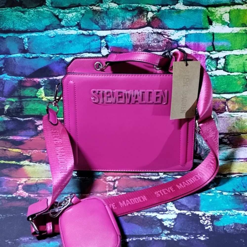 NWT STEVE MADDEN BEVELYN SATCHEL CROSSBODY BAG W AIR POD CASE FUSCHIA